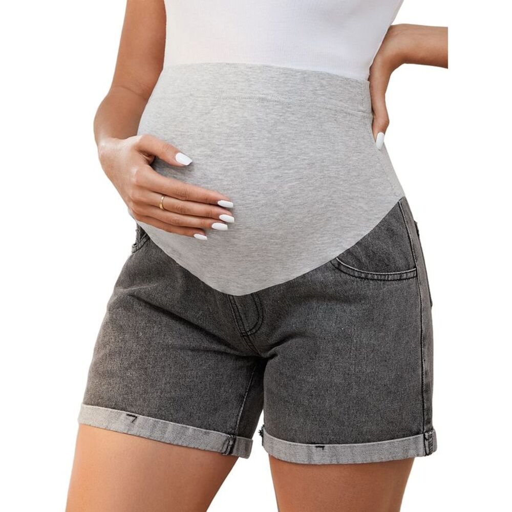 Maternity Over Belly Summer Workout with Pockets Jeans Shorts Gray
